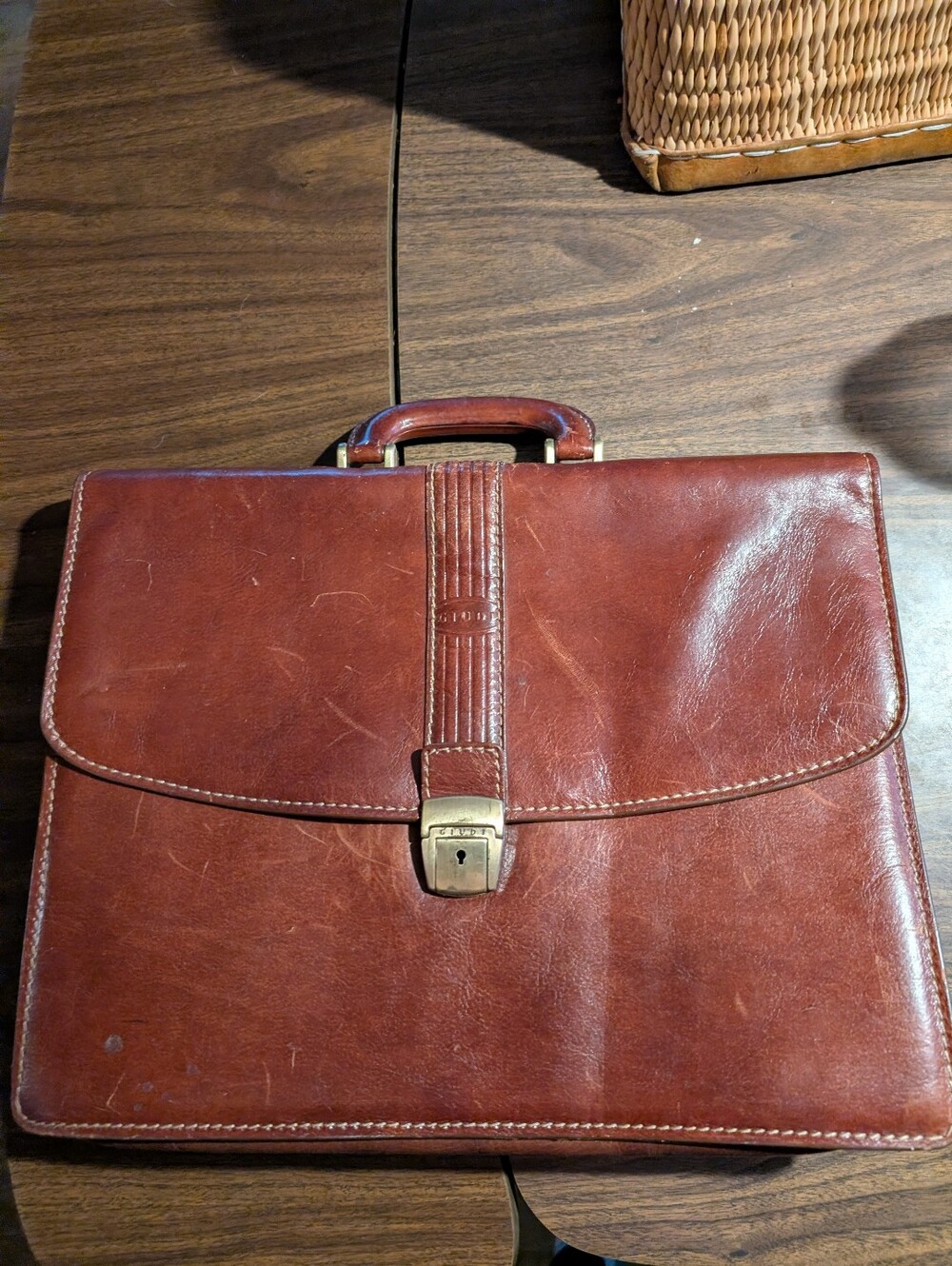 Classic Brown Leather Giudi Briefcase with Top Handle
